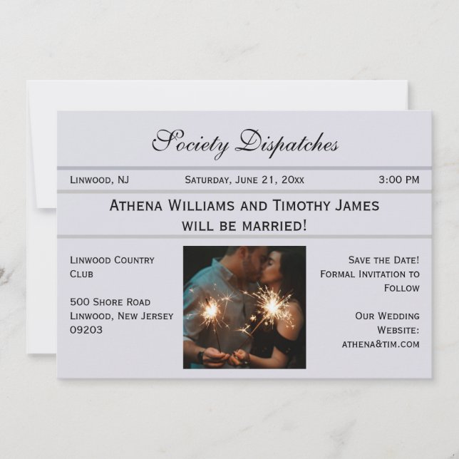Newspaper Style Elegant Regency Era Save the Date Invitation (Front)