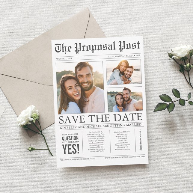 Newspaper Style Fun 3 Photos Save the Date (Creator Uploaded)