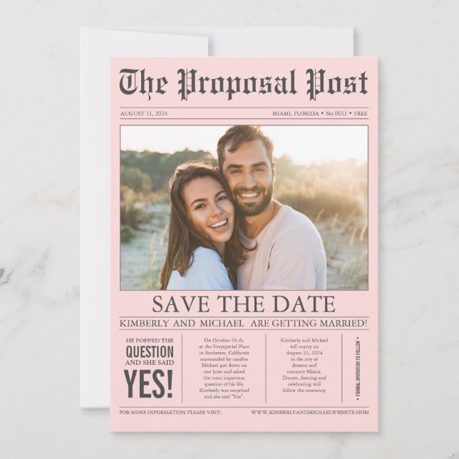 Newspaper Style Fun Pink Save the Date Photo (Front)