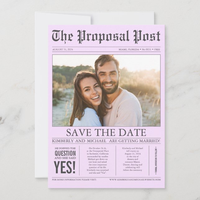 Newspaper Style Light Purple Save the Date Photo (Front)