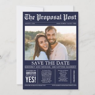 Newspaper Style Navy Blue Save the Date Photo