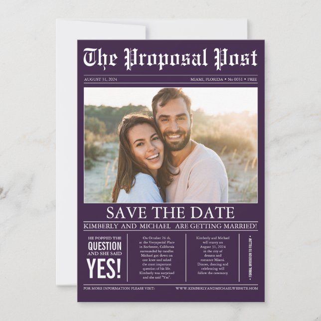Newspaper Style Plum Purple Save the Date Photo (Front)