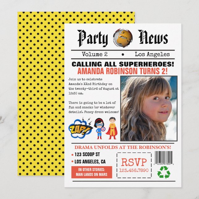 Newspaper Superhero Birthday Party Invitation (Front/Back)