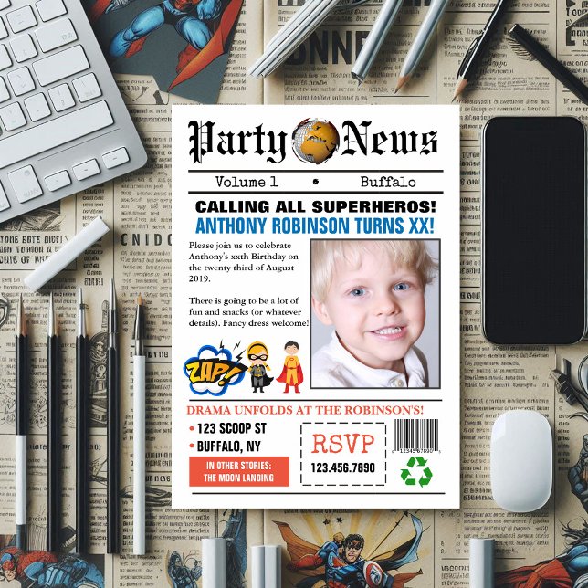 Newspaper Superhero Birthday Party photo Invite (Newspaper Superhero Birthday Party photo Invite)
