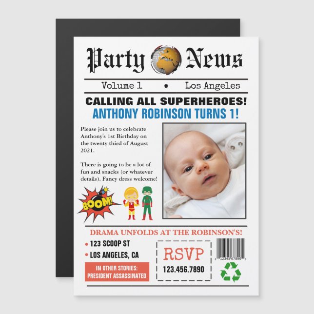 Newspaper Superhero Birthday Party Photo Magnetic Invitation (Front/Back)