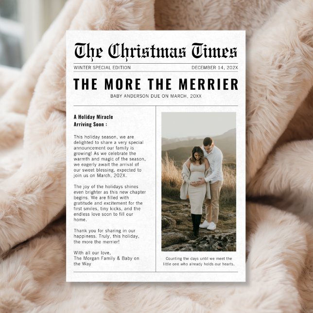 Newspaper The More The Merrier Pregnancy Christmas Holiday Card (Creator Uploaded)