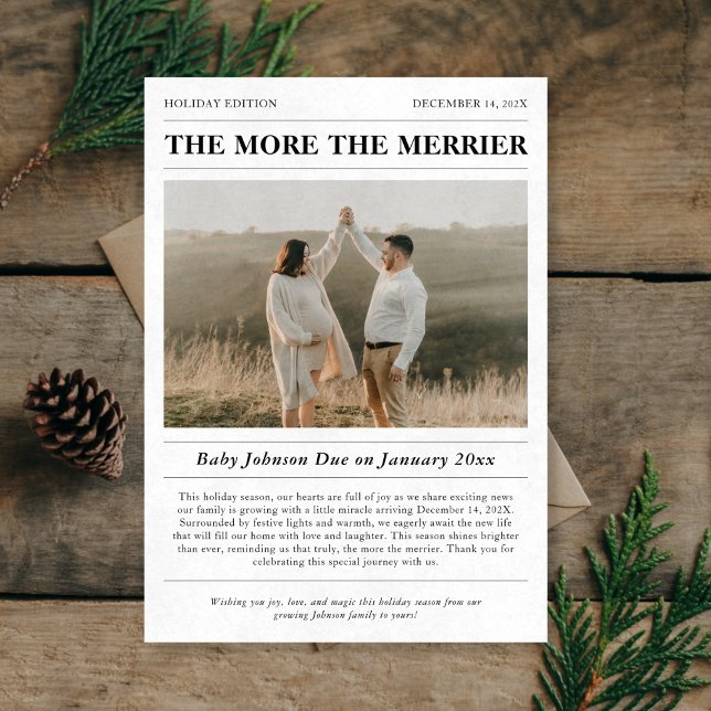 Newspaper The More The Merrier Pregnancy Photo Holiday Card (Creator Uploaded)