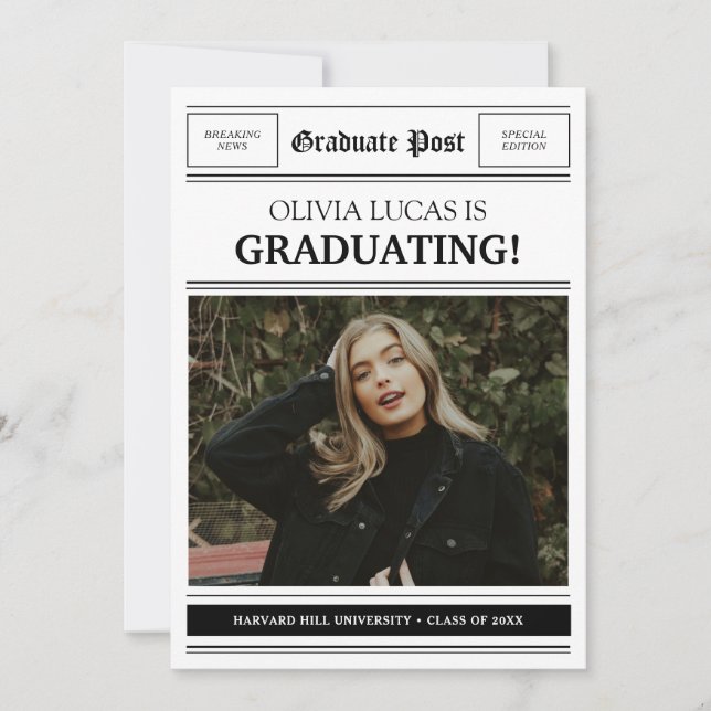 Newspaper Themed Photo Collage Graduation Party Announcement (Front)