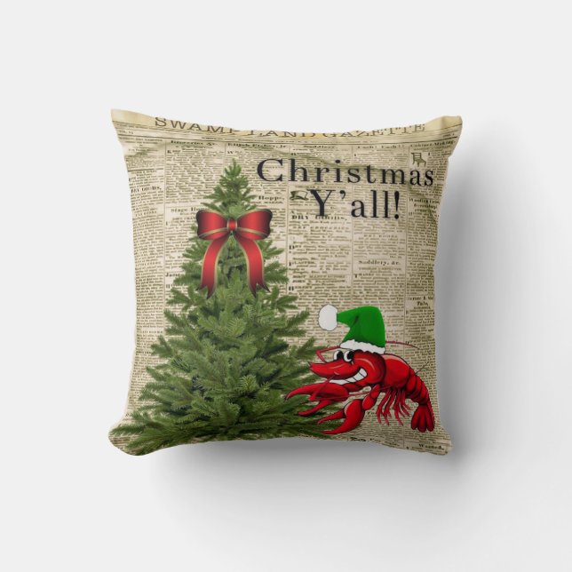 Newspaper Tree Crawfish It’s Christmas Y’all Cushion (Front)