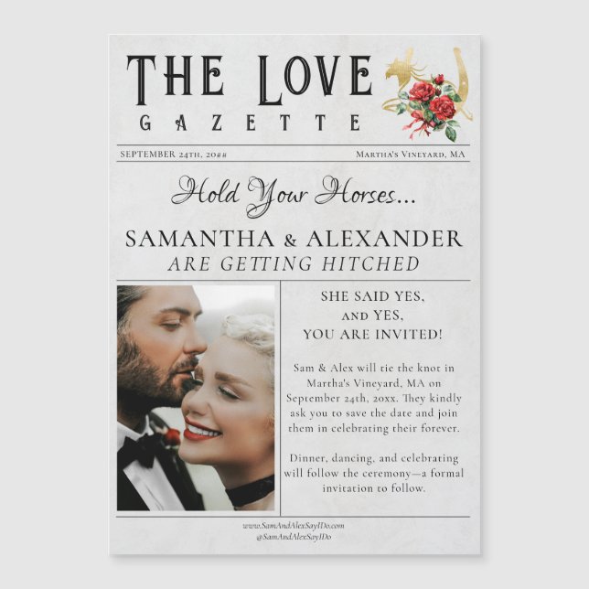 Newspaper Unique Chic Photo Save the Date Wedding Magnetic Invitation (Front)
