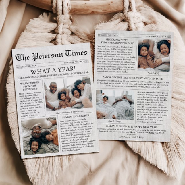 Newspaper Unique Christmas Photo Collage Holiday Card (Christmas Newspaper Card, What a Year Family Newsletter)