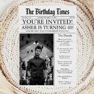 Newspaper Unique Fun 40th Birthday Photo Party Invitation