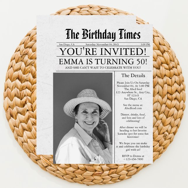 Newspaper Unique Fun 50th Birthday Photo Party  Invitation (Creator Uploaded)
