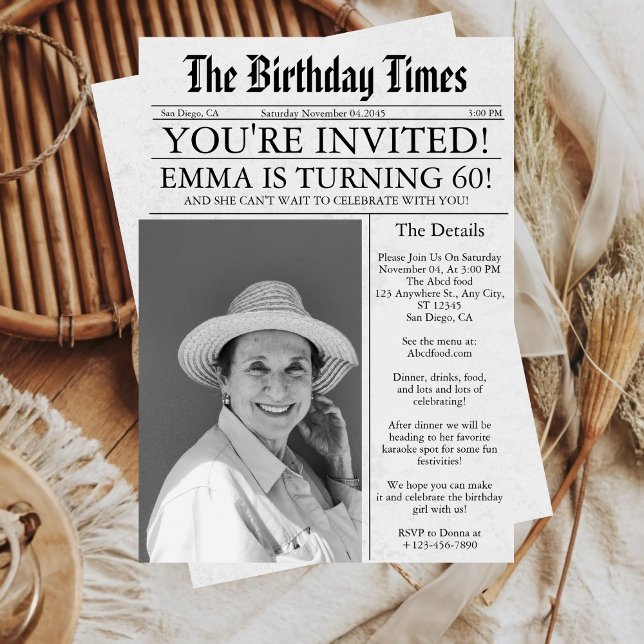 Newspaper Unique Fun 60th Birthday Photo Party  Invitation (Newspaper Unique Fun 60th Birthday Photo Party Invitation)
