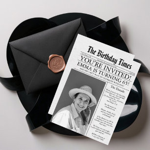 Newspaper Unique Fun 65th Birthday Photo Party  Invitation