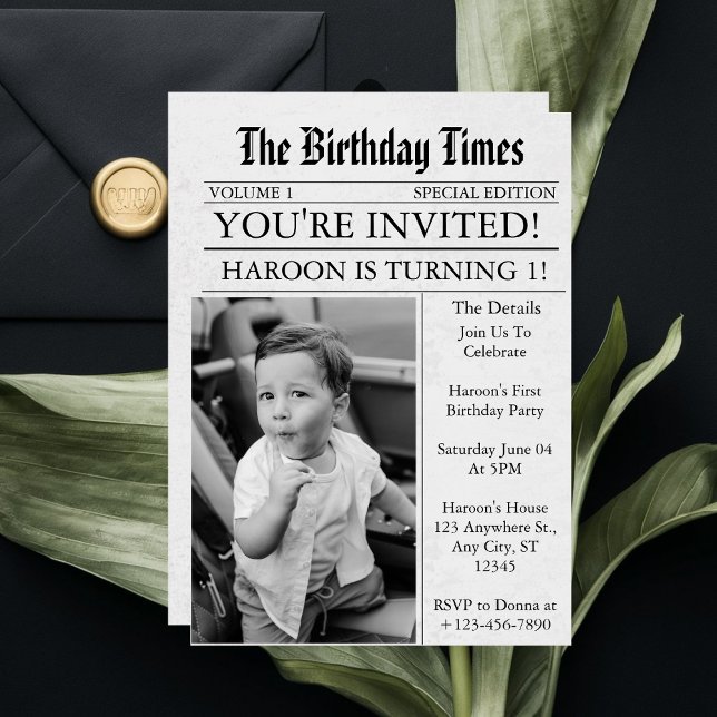 Newspaper Unique Fun Photo 1st Birthday Party Invitation (Creator Uploaded)