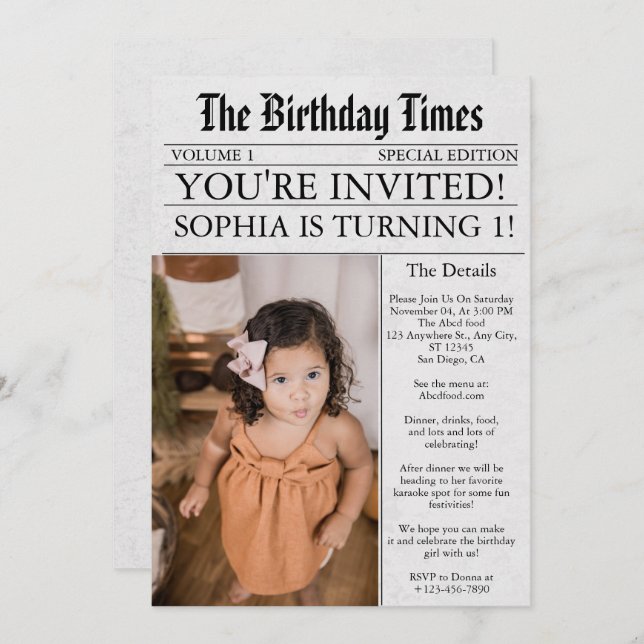 Newspaper Unique Fun Photo 1st Birthday Party  Invitation (Front/Back)