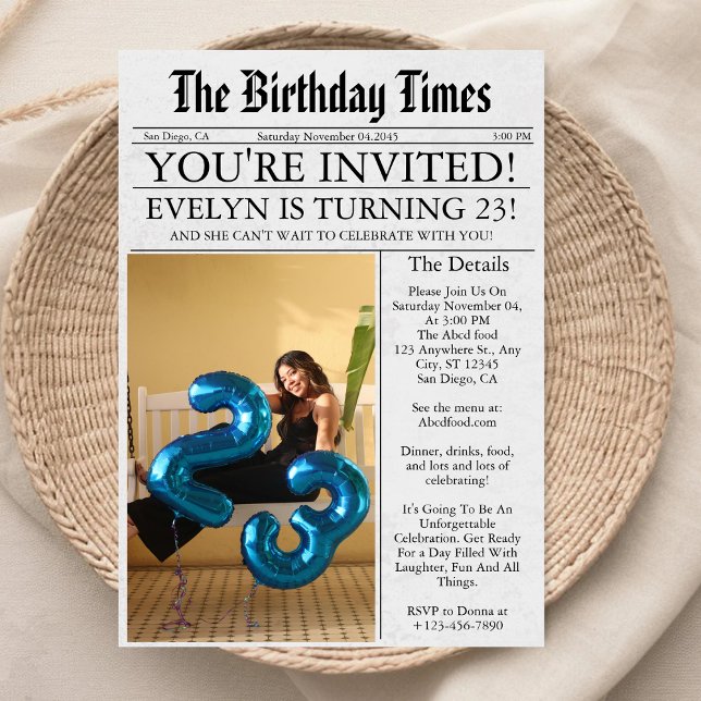 Newspaper Unique Fun Photo 23rd Birthday Party  Invitation (Creator Uploaded)