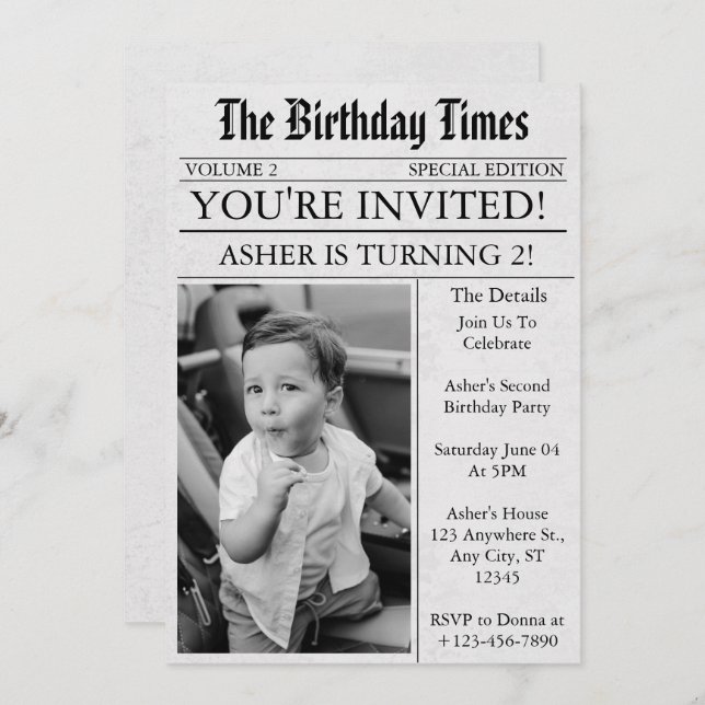Newspaper Unique Fun Photo 2nd Birthday Party Invitation (Front/Back)