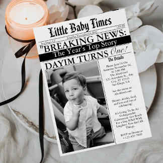 Newspaper Unique Fun Photo Boy 1st Birthday Party Invitation