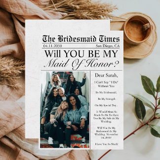 Newspaper Unique Fun Photo Maid of Honour Proposal Invitation