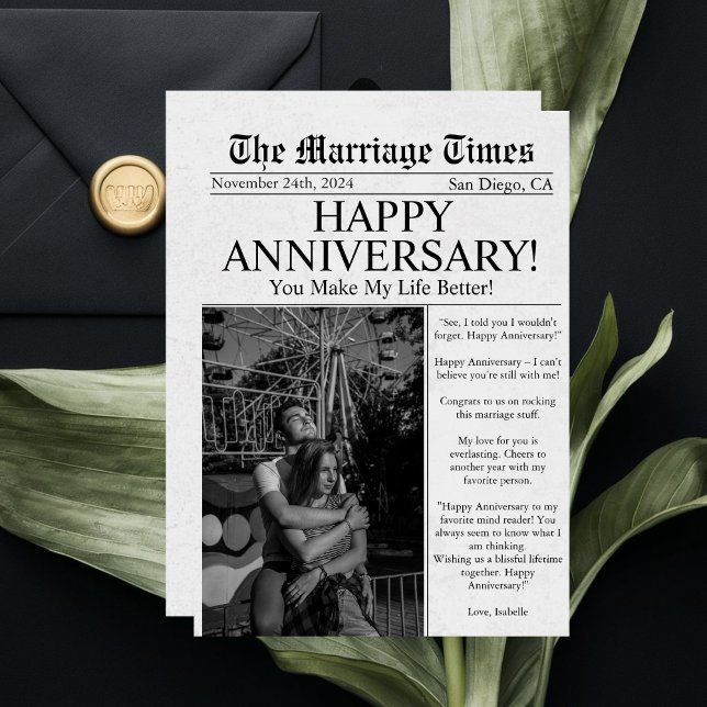 Newspaper Unique Fun Photo Wedding Anniversary  Card (Creator Uploaded)