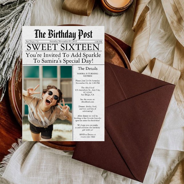 Newspaper Unique Fun Sweet Sixteen Birthday Photo Invitation (Creator Uploaded)