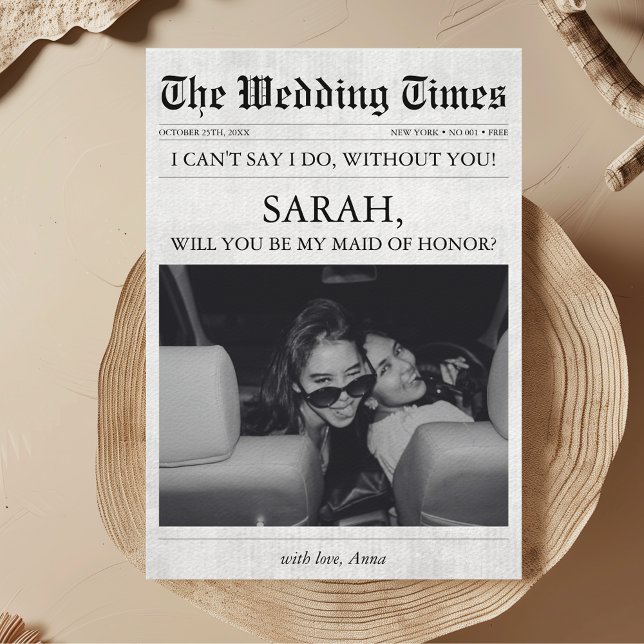 Newspaper Unique Maid of Honour Proposal Photo Invitation (Will you be my Maid of Honor Proposal Card Newspaper Unique Creative Funny with Photo Aesthetic)