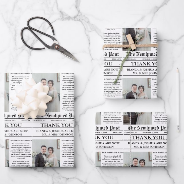 Newspaper Unique Photo Wedding Thank You  Wrapping Paper Sheet (Front)