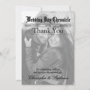 Newspaper Wedding 1 Black and White Photo Monogram Thank You Card