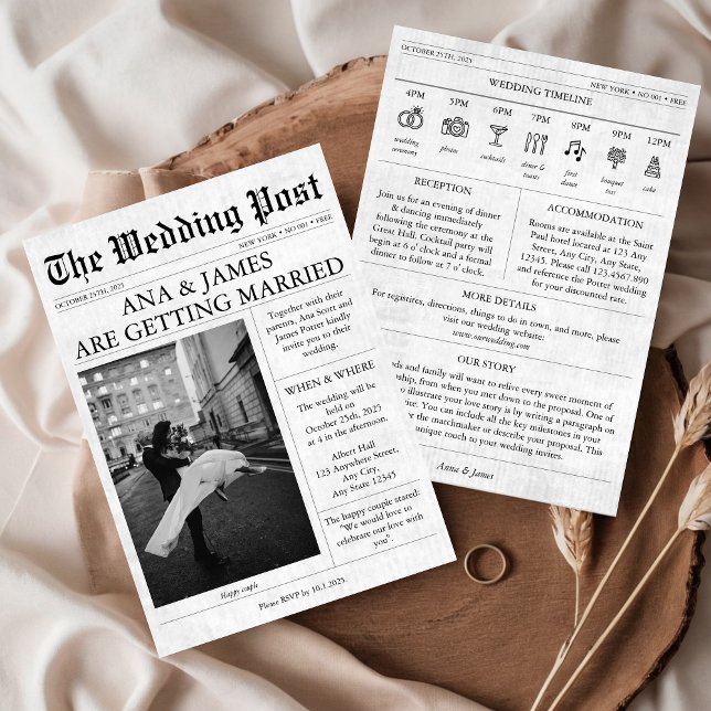 Newspaper Wedding Invitation Details Timeline Cute (Newspaper wedding Invitation with Timeline and Photo 
Unique Modern Aesthetic)