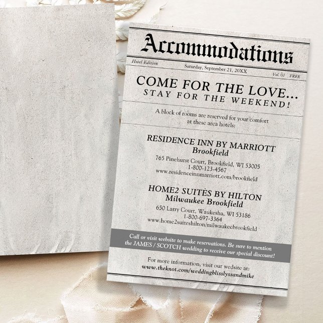 Newspaper Wedding Invitation Hotel Enclosure Card (Unique elegant Newspaper style wedding invitation hotel accommodations enclosure card, black white)