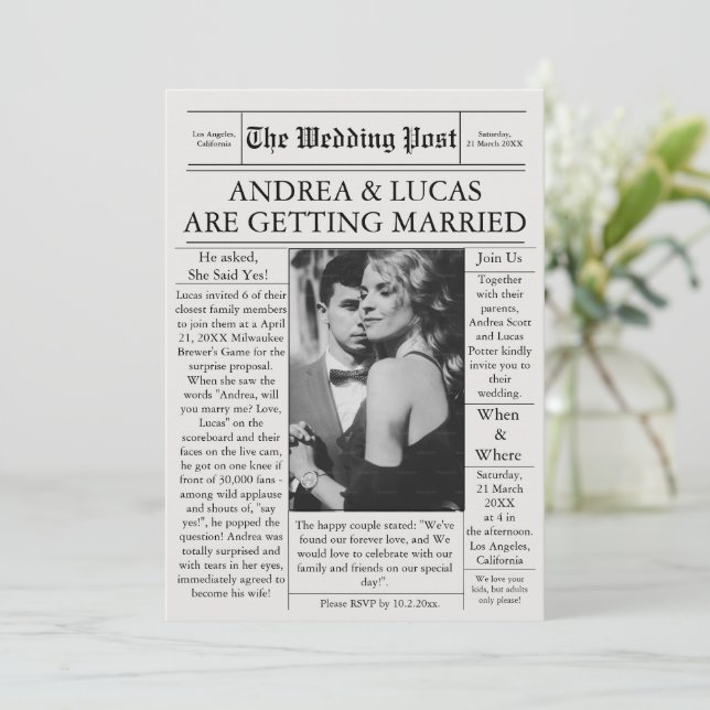 Newspaper Wedding Invitation Photo Timeline (Standing Front)
