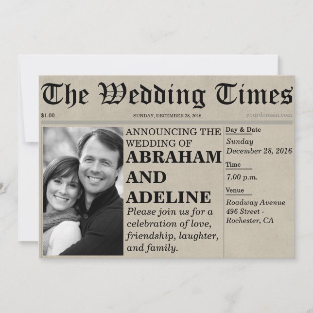 Newspaper Wedding Invitation Style (Customisable) (Front)