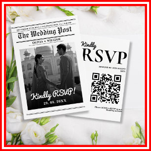Newspaper Wedding Modern Elegant QR Code RSVP Card