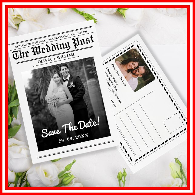 Newspaper Wedding Modern Elegant Save The Date Postcard (Creator Uploaded)