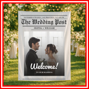 Newspaper Wedding Modern Elegant Welcome BACKDROP Tapestry