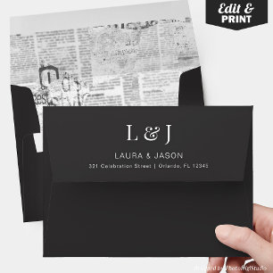 Newspaper Wedding Monogram Envelope Black & White