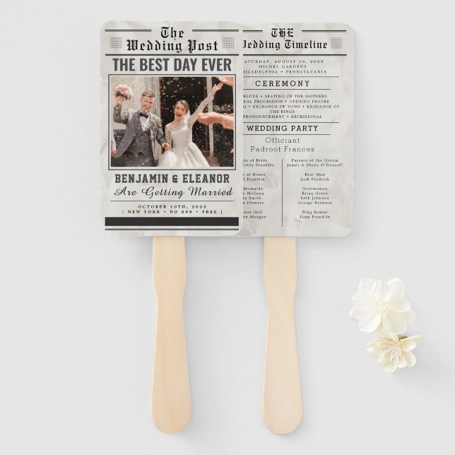 Newspaper Wedding Program Hand Fan (Front and Back)