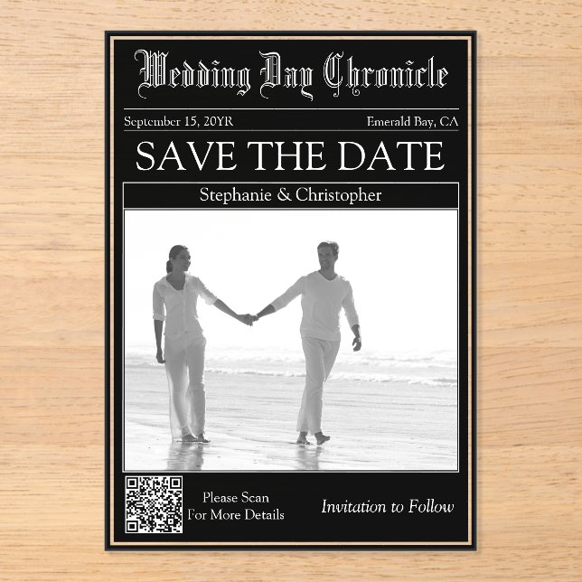 Newspaper Wedding QR code Acrylic Save the Date Invitations (Front)