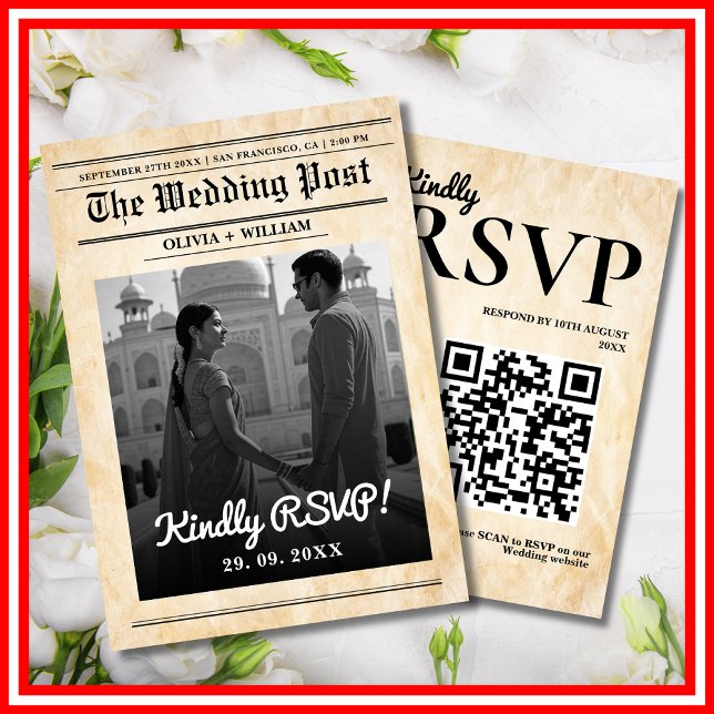 Newspaper Wedding Rustic Elegant QR Code RSVP Card (Creator Uploaded)