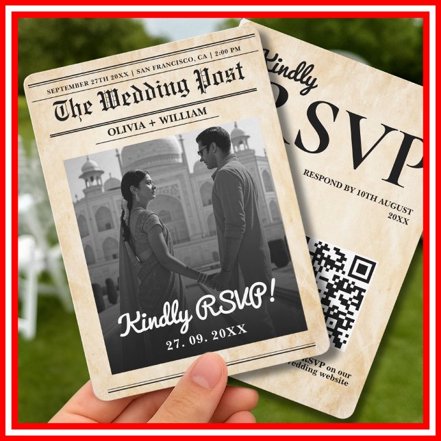 Newspaper Wedding Rustic Elegant QR Code RSVP  Invitation (Creator Uploaded)