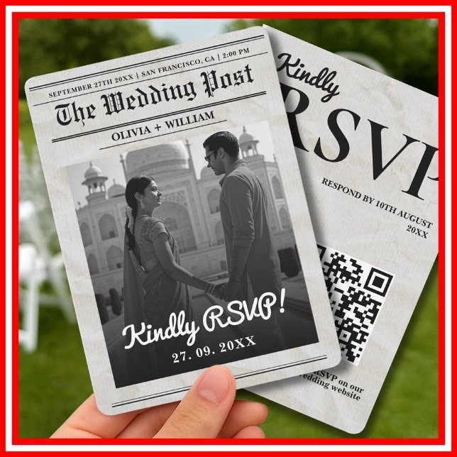 Newspaper Wedding Vintage Elegant QR Code RSVP  Invitation (Creator Uploaded)