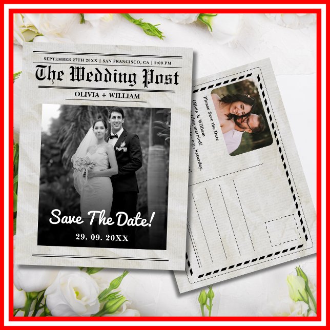 Newspaper Wedding Vintage Elegant Save The Date Postcard (Creator Uploaded)