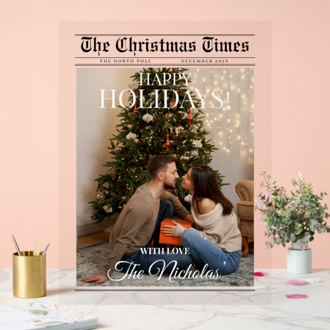 Newspaper What A Year Black White Photo Christmas Acrylic Sign (Wedding)