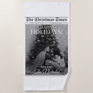 Newspaper What A Year Black White Photo Christmas Beach Towel