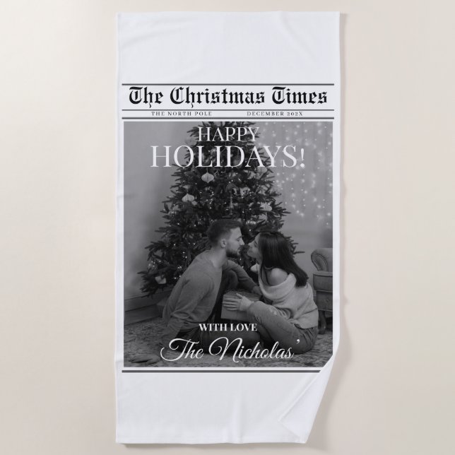 Newspaper What A Year Black White Photo Christmas Beach Towel (Front)