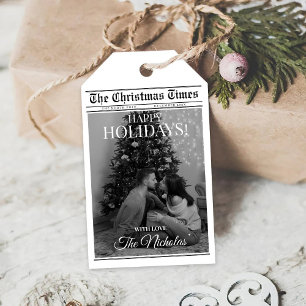 Newspaper What A Year Black White Photo Christmas Gift Tags