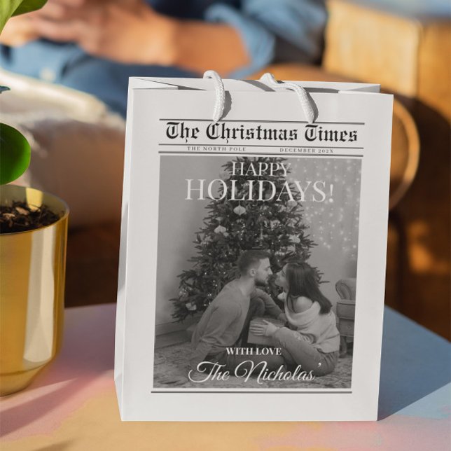 Newspaper What A Year Black White Photo Christmas Medium Gift Bag (Creator Uploaded)