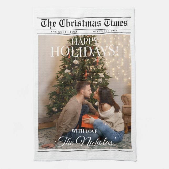 Newspaper What A Year Black White Photo Christmas Tea Towel (Vertical)